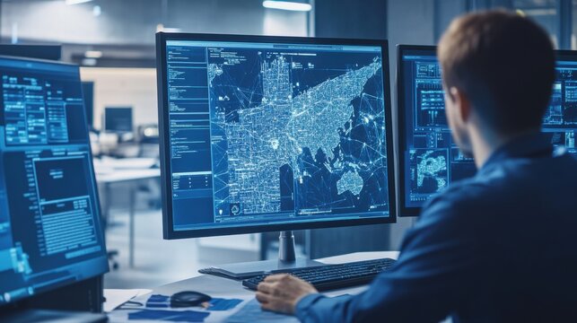 AI researcher designing machine learning systems for predictive policing and crime prevention, office with AI software and police data, Predictive Policing AI style