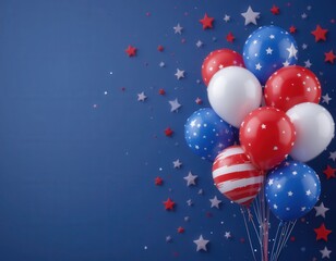 festive red, white, and blue balloons for USA Independence Day 4th July celebration on clean white background, patriotic party decor with stars and stripes