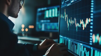 Fototapeta premium AI researcher designing predictive models for stock market analysis, office with AI software and financial data, Financial AI style