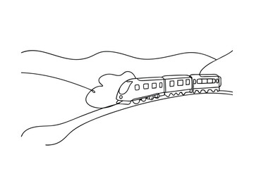 Continuous Line Drawing Train Journey Through Rolling Hills