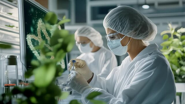 A futuristic laboratory with transparent screens displaying holographic DNA sequences, as scientists in sterile suits work on genetic modifications. 4k video footage