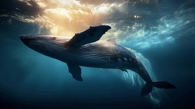 A majestic blue whale glides silently through the ocean, dwarfed by the vast blue, surrounded by fish and light.. 4k video footage