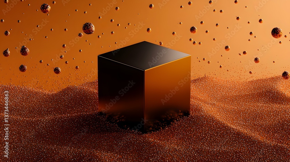 Poster a dark bronze cube sits nestled in a mound of smaller bronze spheres against a matching orange backg