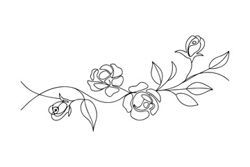 Elegant One Line Drawing of Roses, Leaves, and Stems