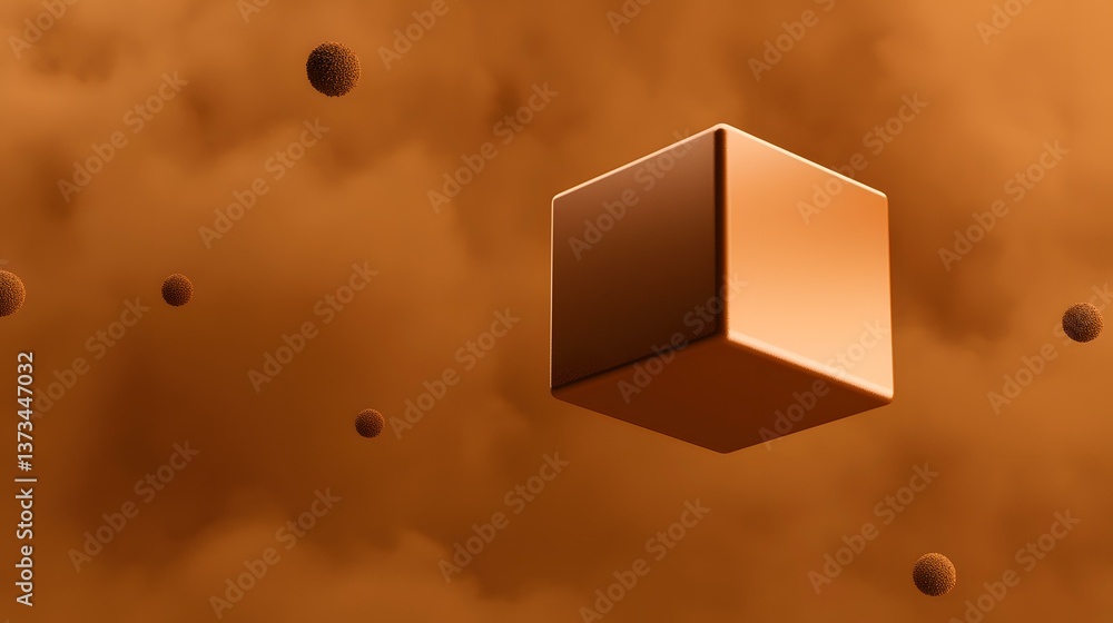 Poster a monochromatic orange scene features a glossy cube floating amidst several small, textured spheres 