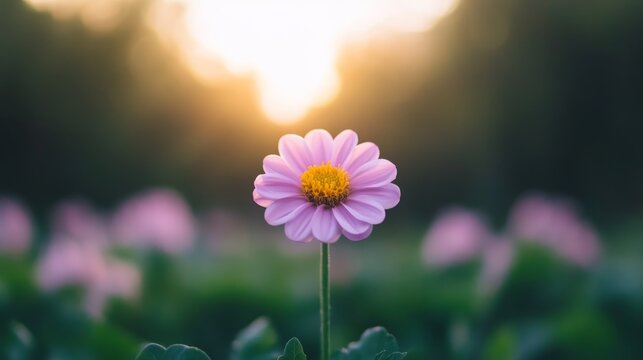 Beautiful pink flower blooming at sunset in a tranquil garden setting