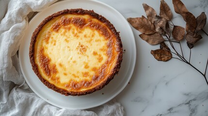 Golden-crusted delight! Melted cheese oozes over a rustic dish, set against a marble surface with autumnal leaves. Simple elegance