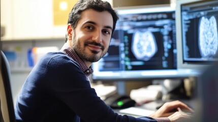 AI researcher developing machine learning models for autonomous vehicle navigation, office with AI software and vehicle data, Autonomous Vehicle AI style