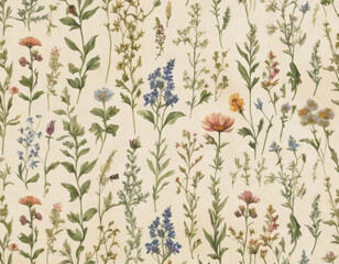 A seamless vintage botanical pattern featuring detailed wildflowers and herbs, intricately drawn with soft watercolor textures on a muted parchment background.