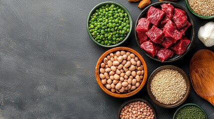 A colorful assortment of dried legumes, green peas, and chunks of meat arranged in bowls on a dark surface, showcasing diverse ingredients for cooking.