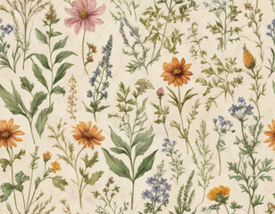 A seamless vintage botanical pattern featuring detailed wildflowers and herbs, intricately drawn with soft watercolor textures on a muted parchment background.