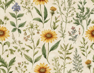 A seamless vintage botanical pattern featuring detailed wildflowers and herbs, intricately drawn with soft watercolor textures on a muted parchment background.