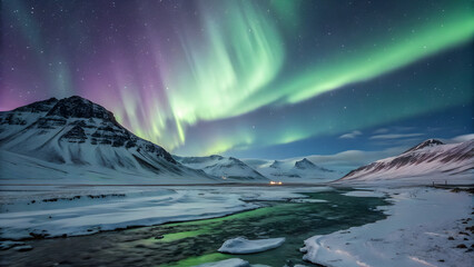 Naklejka premium Epic Northern Lights Show Over Arctic Mountains. Greatest Nature Landscapes 