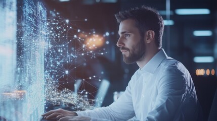 AI researcher developing neural networks for speech recognition in virtual assistants, office with AI software and voice data, AI Assistant style