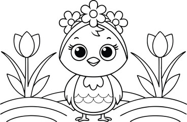 Cute Chicken with Flower Crown and Tulips, Cartoon Outline on Transparent BG