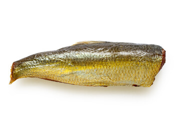 One smoked fish on a white background close-up. Smoked fish without a head with a shadow.
