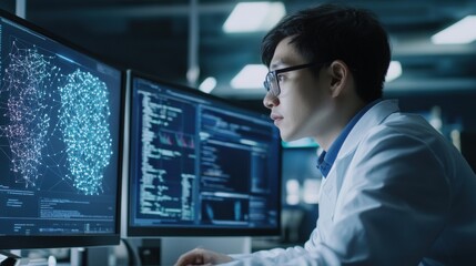 AI scientist designing deep learning models for personalized education platforms, office with AI software and student data, Education AI style