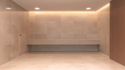 Fototapeta premium Minimalist interior with natural stone walls and modern lighting in a bright space