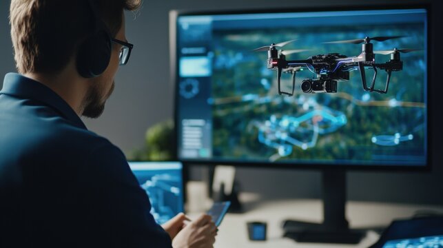 AI scientist designing image recognition systems for autonomous drones, office with AI software and aerial imagery, Drone AI style