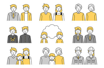 地域の人々男女セットベクターイラスト 吹き出し ビジネスパーソン 夫婦 学生 家族 孫 作業員 子供