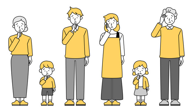 悩む三世代家族の全身ベクターイラストセット 老夫婦 三世帯 二世帯 質問 疑問 