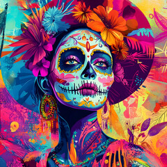 Colorful sugar skull woman art design