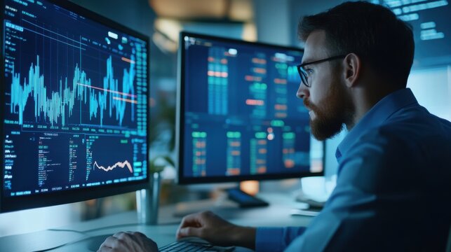 AI scientist developing AI powered predictive analytics for stock market forecasting, office with AI models and stock market data, FinTech AI style