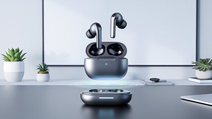 A sleek pair of wireless earbuds hovering above their charging case in a modern workspace, showcasing a minimalist aesthetic.