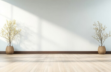 Modern minimalist interior with decorative plants in woven pots on wooden floor