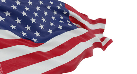 Fototapeta premium Close up of the american flag waving in the wind with stripes and stars in the corner of the image