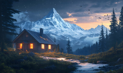 Cozy cabin mountain sunset landscape illustration
