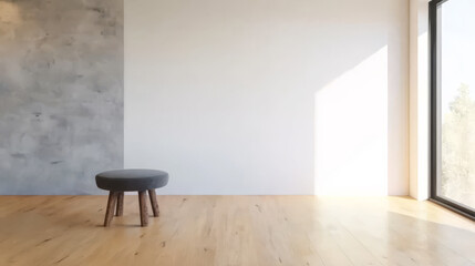 Fototapeta premium Minimalist interior with a single stool and large window in bright sunlight