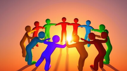 Colorful 3D Human Figures Holding Hands in a Circle &ndash; Unity and Teamwork Concept