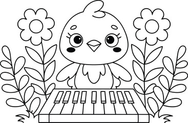 Cute Outlined Bird Playing Piano Cartoon with Flowers and Leaves Isolated