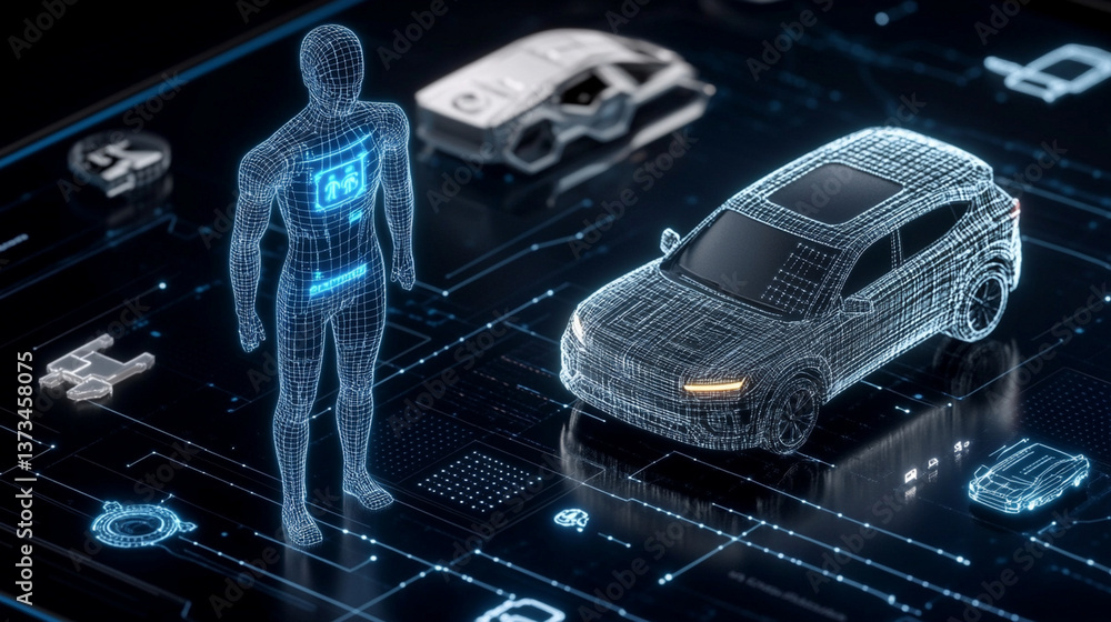Poster showcasing digital automotive technology with 3d modeling virtual environment conceptual design pers