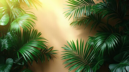 Lush Green Tropical Foliage With Golden Sunlight On Textured Background