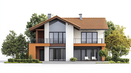 Fototapeta premium Modern two story house with large windows and tiled roof