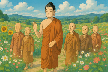 Buddha Delivering First Sermon at Sarnath  Teaching of Dharma