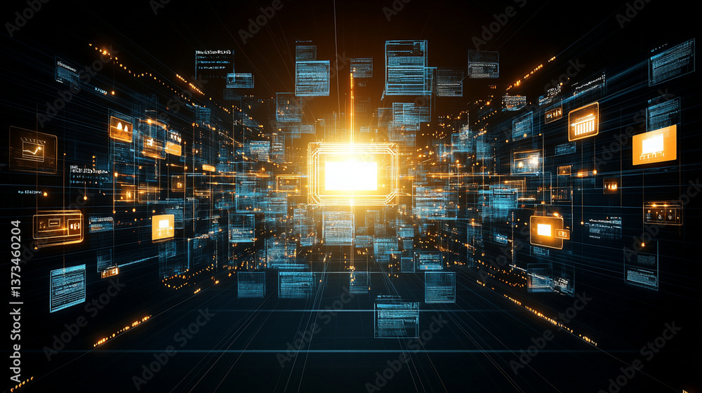 Poster digital data visualization tech conference infographic design virtual space 3d perspective informati