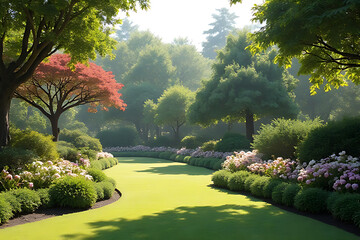 Naklejka premium Peaceful garden with ornamental trees, colorful blossoms, and soft lighting