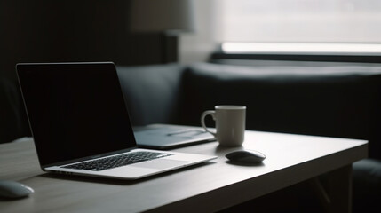 A close-up of a laptop on a desk with a blank screen