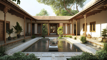 Fototapeta premium serene traditional house with central courtyard and pond