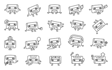Adorable music cassette character set featuring charming retro emotions, cute everyday objects, magical fairy accessories, food, celebration elements for creative projects.