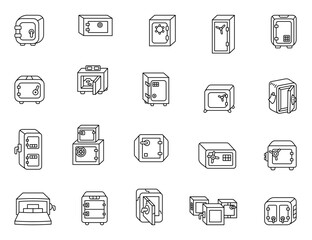 Set of strong metal safes and secure vault boxes designed with various locks and handles for protecting money, documents, and valuable personal belongings, for yours creative projects