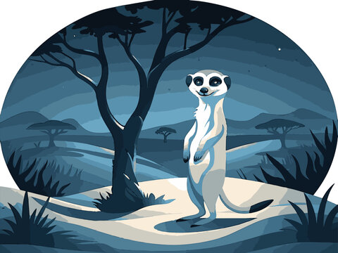 Various animals in EPS and vector formats. Illustrated meerkat standing in a nighttime savanna landscape scene