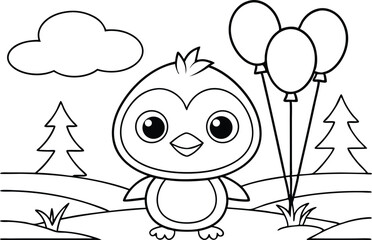 Cute Penguin Outline with Balloons, Cloud, Tree on a Transparent Background