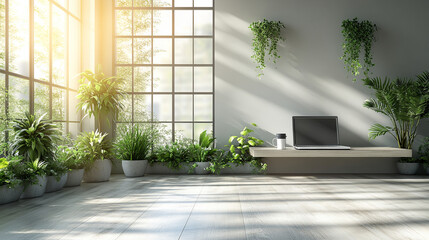 Fototapeta premium A minimalistic office space with a person working at a desk, looking at a laptop with a coffee cup next to them