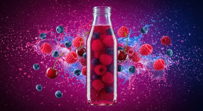 A refreshing bottle of mixed berry drink exploding with blueberries, raspberries, and cherries. 