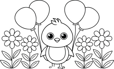 Outlined Chick with Balloons and Flowers on Transparent Background for Coloring Book