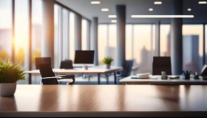 Modern Professional Office Setting with Natural lighting, Blurred Business Background, With In-focus Wooden Desk, Shelf, Backdrop, Chairs, Computer, Empty Work Space, Big Glass Windows, Plant Pots

